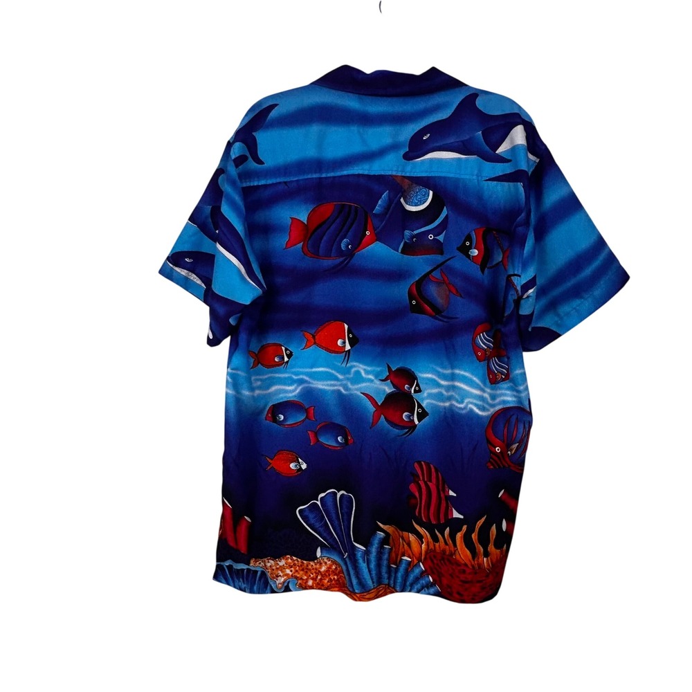 Cromer Resortwear Button Down Shirt Mens L Blue Tropical Fish Dolphin Hawaiian - Picture 8 of 9